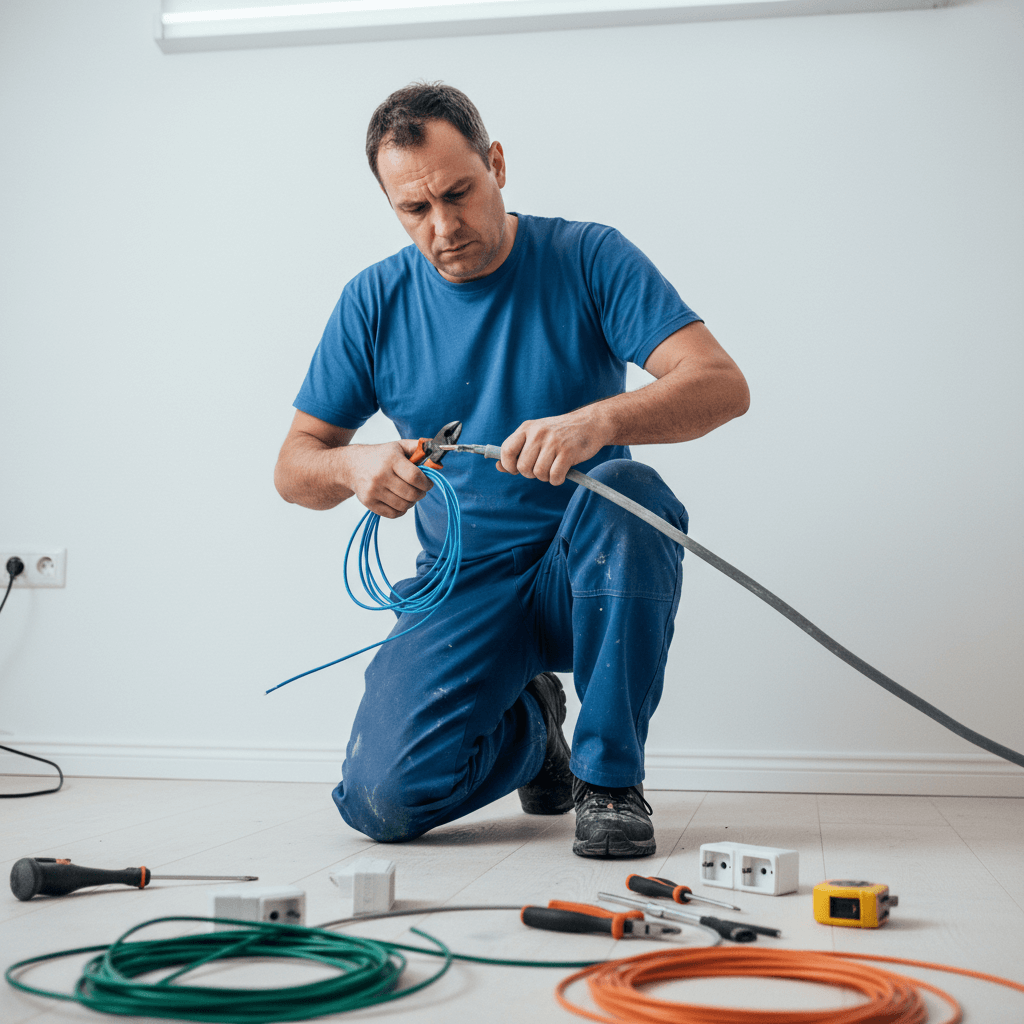 Hände eines Handwerkers bei der Feinjustierung an einem Schaltkasten