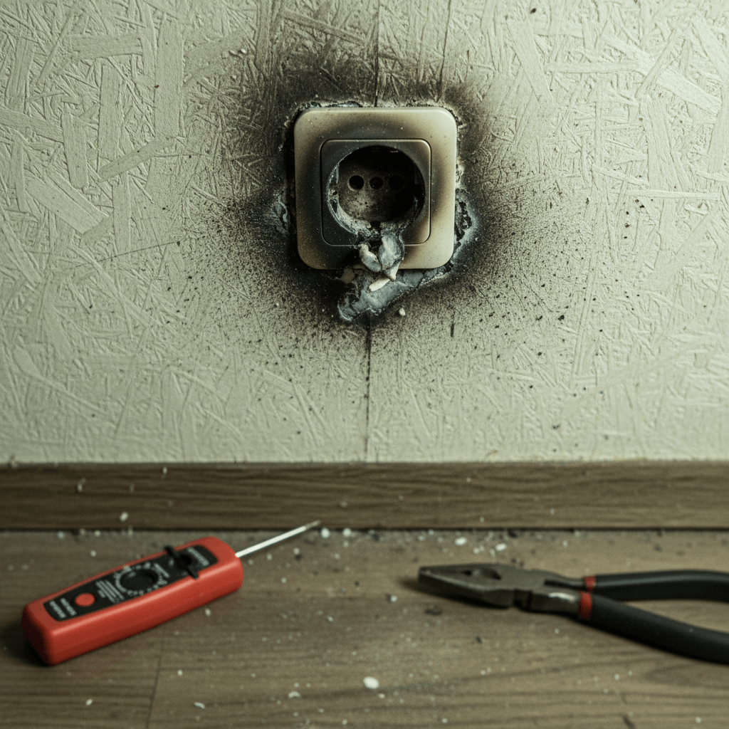 Verschmorte Kabel und Reparaturwerkzeug